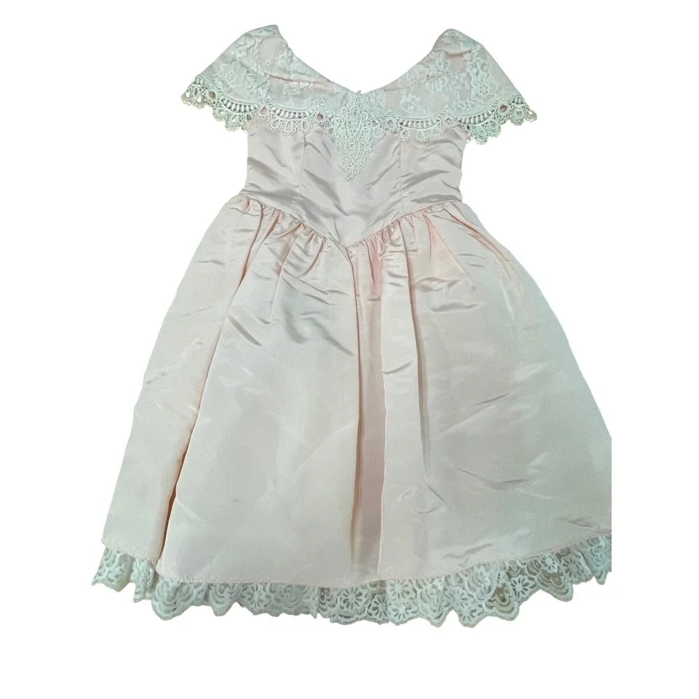 Vintage Jessica‎ McClintock Gunne Sax Pink Lace Satin Dress Size 7 Made in USA